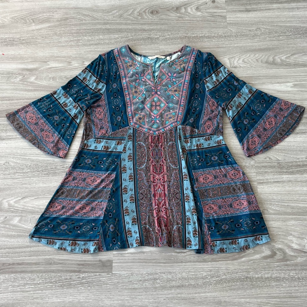 Boho Patchwork Flare-Sleeve Top in Teal and Dusty Rose